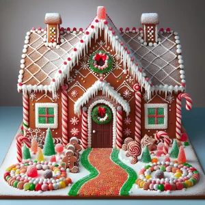 Create a gingerbread house with elaborate Christmas decorations,...