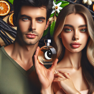 Young woman and man holding up-close of their face a bottle of p...
