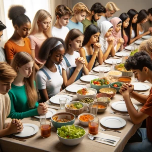 A group of teenagers praying over food on the tables with female...