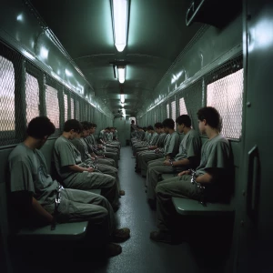 Interior side view of a prisoner transport van showing Caucasian...