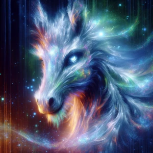 In a dreamlike composition, a majestic phantom-like digital pet...