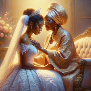 Imagine a hyper-realistic oil painting that captures a tender moment between theAfrican American bride and her God. The setting is intimate and filled with soft, warm lighting that enhances the emotional depth of the scene. The bride, in herexquisite wedding gown, shares a heartfelt embrace with her african-American Lord Jesus , who is dressedin an elegant outfit that complements the wedding's color scheme. Their expressions are full of love, pride, and joy, reflecting the special bond between them. Theattention to detail is paramount, from the intricate designs of their dresses to the subtle emotions conveyed in their facial expressions. The background is a blur ofgentle pastel hues, ensuring that the focus remains on this touching moment. Thispainting should convey the warmth, love, and depth of the relationship, with the rich textures and vibrant strokes characteristic of oil paintings, capturing the essence of this significant pre-wedding moment.