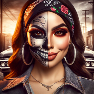 Create an image featuring a Latina woman with a "smile now, cry...