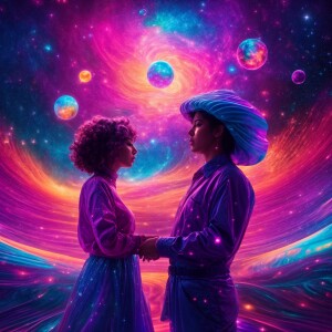 In a whimsically swirling galaxy, two celestial beings converge...