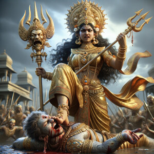 photograph of angry looking, indian goddess trampling a defeated mahishasur with her foot, while he is lying on the mground, she has a trident in her hand. She is wearing gold armor, a huge gold crown, gold saree, abundant  gold jewelry, covered in blood. The scene is set in ancient India. The image is 8K resolution, cinematic, photography, ultra detailed face and epic.