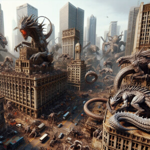 Imagen panorámica de una ciudad invadida por monstruos