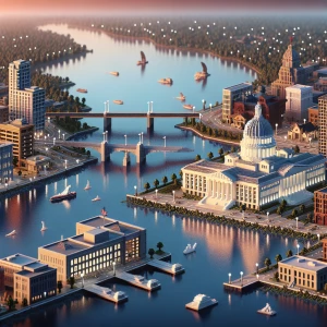 Create an image of Milwaukee, Wisconsin's skyline along the lake...