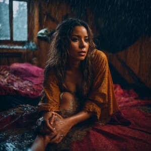 A shamed cheating Wench clothes torn, squatting beside a bed at...