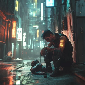 A gritty cyberpunk medic with glowing neon tattoos, crouched in...