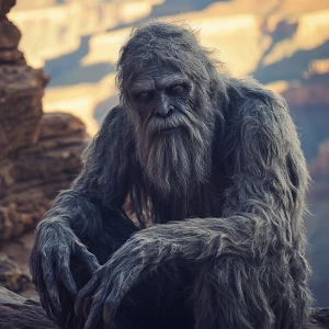A humanoid looking grey haircovered sasquatch with a matted bear...