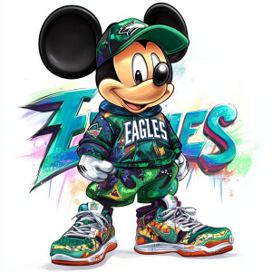 Mickey Mouse wearing a shirt with Philadelphia Eagles logo, a ca...