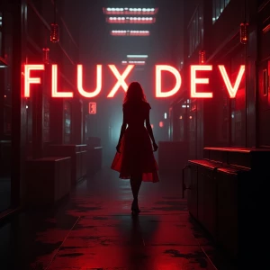 A futuristic and visually striking digital artwork with "Flux Dev" text. A noir-style detective scene with a mysterious femme fatale in a red dress