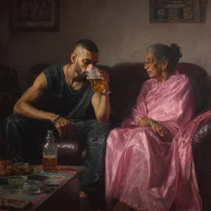 Hyperrealism,painting.a muscular criminal delhi man sitting dr...