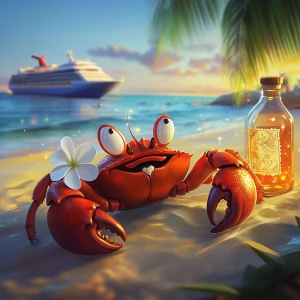 Cute, cartoon female red crab with coconut shell on her back, wh...