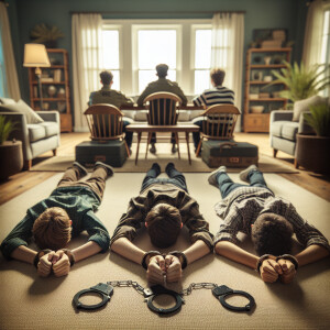 5 caucasian male youth handcuffed, laying flat face down on the...