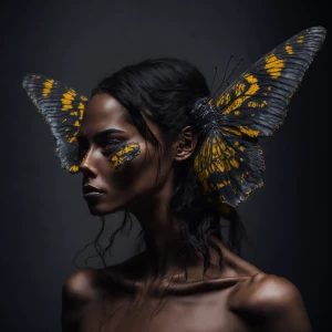 Beautiful human woman transforming into a butterfly