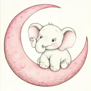 A cute, cartoon elephant sits on a stylized, rosy-pink crescent moon. The elephant is light gray with large, round, pink-spotted ears.  Its body is round and its trunk is curled gently upward.  The elephant's eyes are large and round, and its facial expression is happy and friendly. The elephant's legs and feet are visible, and its posture is relaxed, sitting. The moon is a soft, shaded pink, with watercolor-like texture and subtle shading. The background is white. The image is in a child-friendly style, showcasing delicate line work and color palettes. The composition is centered on the elephant, which is positioned on the moon. The overall style is sweet, whimsical, and reminiscent of children's book illustrations.  The colors are pastel and soothing, creating a gentle atmosphere.  Small, white polka dots accentuate the elephant's ears and trunk, enhancing the adorable aesthetic.