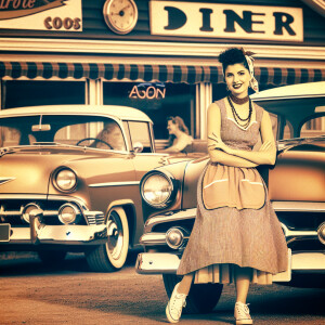A diner in the 1950s, with 1950 cars out front and pin up girl l...