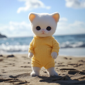 A white kitten with round black eyes and a Teletubbies clown sui...