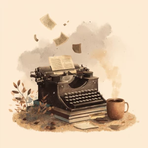 whimsical vintage illustration of a dusty old typewriter surroun...