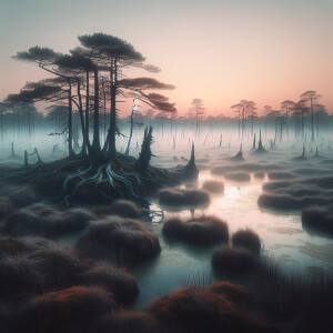 "In the pale light of dawn, a fog-shrouded marsh stretches endle...