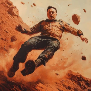 Elon Musk stumbles on the rocky red terrain of Mars, kicking up...