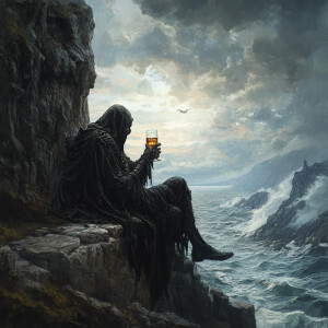 Reaper having a drink of scotch on the rocks in a glass with Suk...