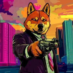 MEME DOGE, robs a bank, in the style of a Grand Theft Auto loadi...