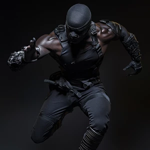 Wide angle shot of A full body pose of a muscular Nigerian Ninja...