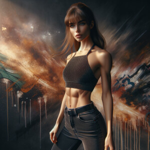 Athletic Thin skinny Attractive, Asian teenage girl, long brown hair and bangs, wearing tight skinny jeans and a halter top paint marks on her clothing, heroic pose Asian graffiti background, side view