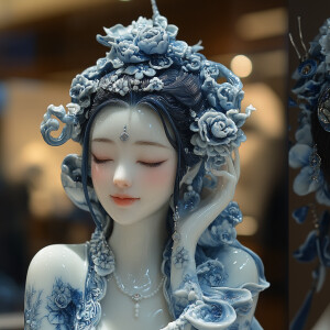 blue and white porcelain oriental beautiful woman full body port...