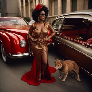 "Create an image of Betty Boop with brown skin, adorned in a sty...