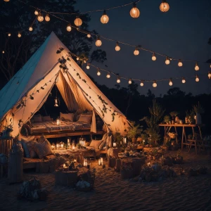 Glamping birthday for girls, with large Bell tent. Decorating with beach themed decor and birthday decorations. Set on a beautiful farm with a lounge and fire pit area