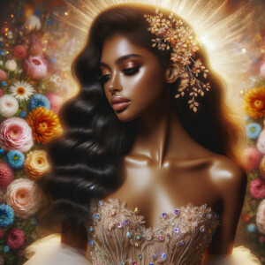 Visualize a stunning bride with a rich blend of african-American Latino heritage, her skin glowing with a soft, warm hue. Her elegant gown, a masterpiece of design, is intricately adorned with sparkling jewels that catch the light with every movement, creating a mesmerizing effect. Her long, wavy dark hair frames her face beautifully, enhancing her radiant beauty. Behind her, the backdrop is alive with an explosion of colorful flowers, each petal and leaf adding vibrancy to the scene. Amidst this floral abundance, the serene face of a brown Jesus is subtly integrated into the background, bestowing a sense of divine grace and tranquility to the composition. This image captures a moment of exquisite beauty, spiritual depth, and the celebration of love. Face of a African-American Jesus should be in the background.