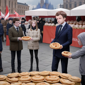 Create a picture of French President Macron selling pies on Red...