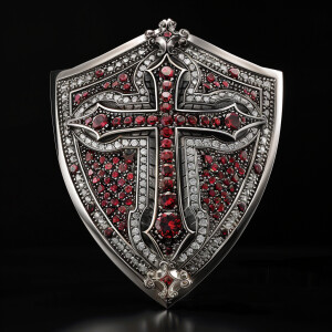 Design a sterling silver shield of faith featuring a prominent c...