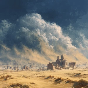 Harsh winds blow, dust clouds rise, and a storm approaches. Agai...