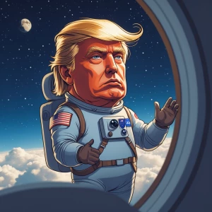 Generate carton style photo1 for donald trump flying to the moon...