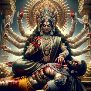 portrait of intense looking, four-armed indian goddess sitting...