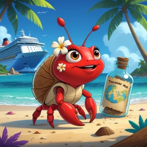 Create a charming cartoon image of a female red hermit crab, coc...