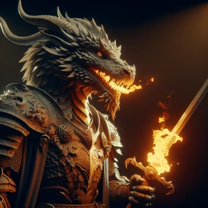 Clever Dragon wearing armor, holding a flaming sword, anthropomo...