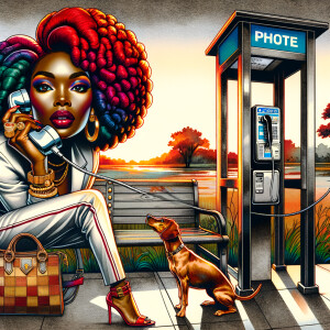 Ink wash: Pay phone booth landscape. An African American mahogan...