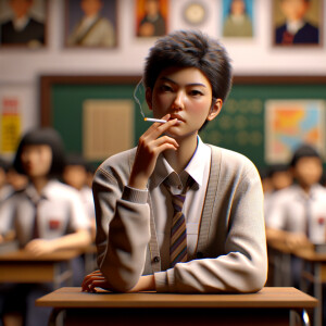 Schoolgirl smoking a cigarette in class.