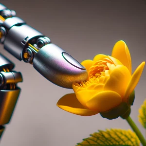 the robot's metal finger touches the yellow petals of the flower...