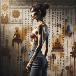 Athletic Thin skinny Attractive, Asian teenage girl, long brown hair and bangs, wearing tight skinny jeans and a halter top paint marks on her clothing, heroic pose Asian graffiti background, backside view