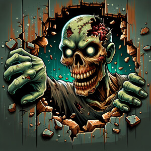 Cartoonish rotting zombie breaking through metal wall