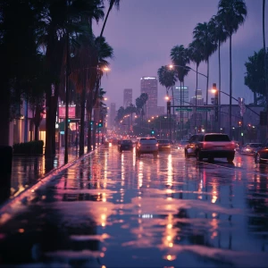 Create an image of Los Angeles in the evening after a rainfall,...