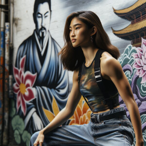 Very thin Athletic Thin skinny Attractive, Asian teenage girl, long brown hair and bangs, wearing tight skinny jeans and a halter top paint marks on her clothing, sitting side view heroic pose Asian graffiti