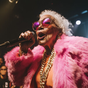 An intense elderly woman performing in a rap battle on stage, cl...