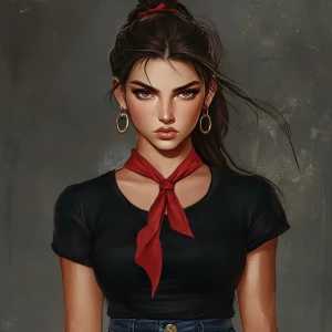 girl with brown hair, thick eyebrows, pumped up lips, potato nos...